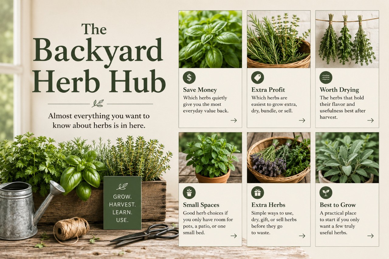 The Backyard Herb Hub teaser showing herbs for savings, profit, drying, and small-space growing