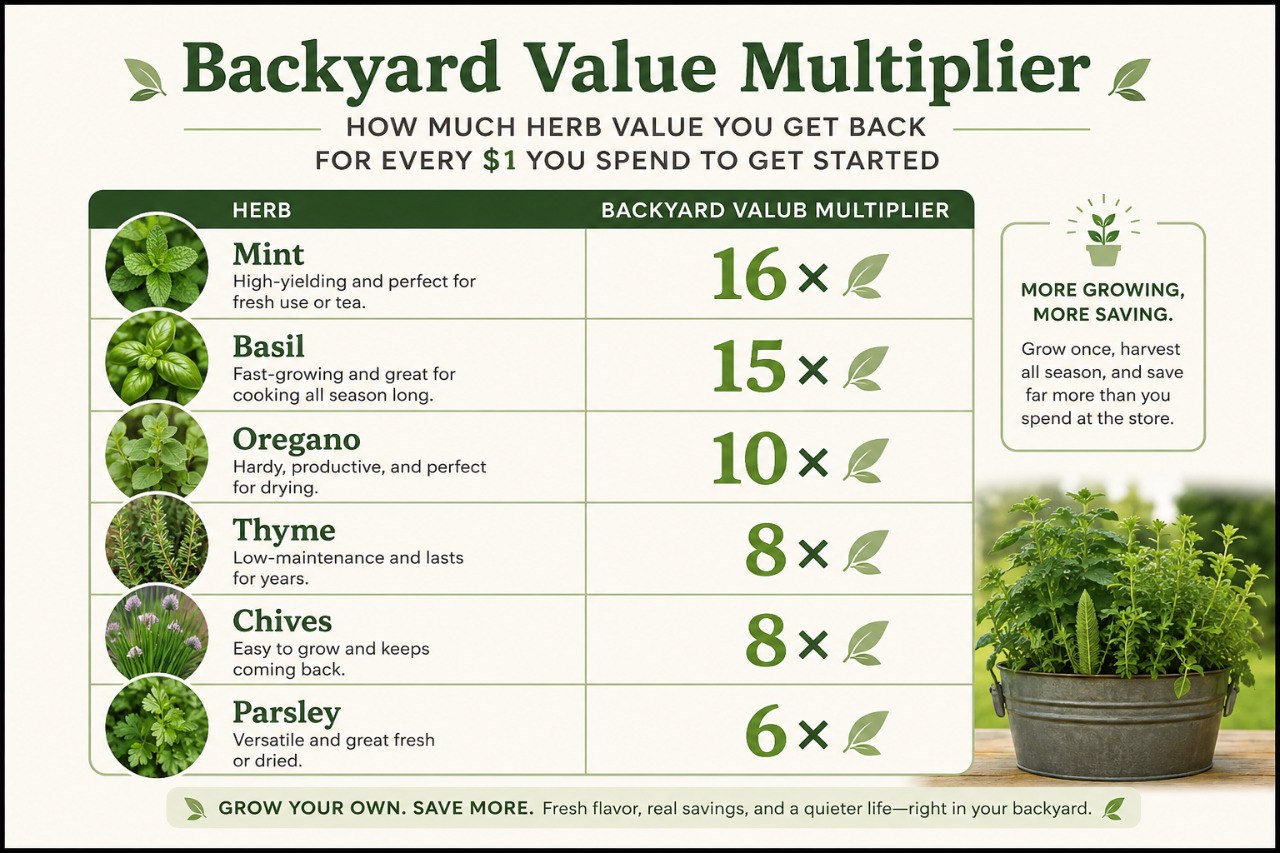 Backyard Value Multiplier chart comparing mint, basil, oregano, thyme, chives, and parsley by how much herb value you get back for every dollar spent getting started