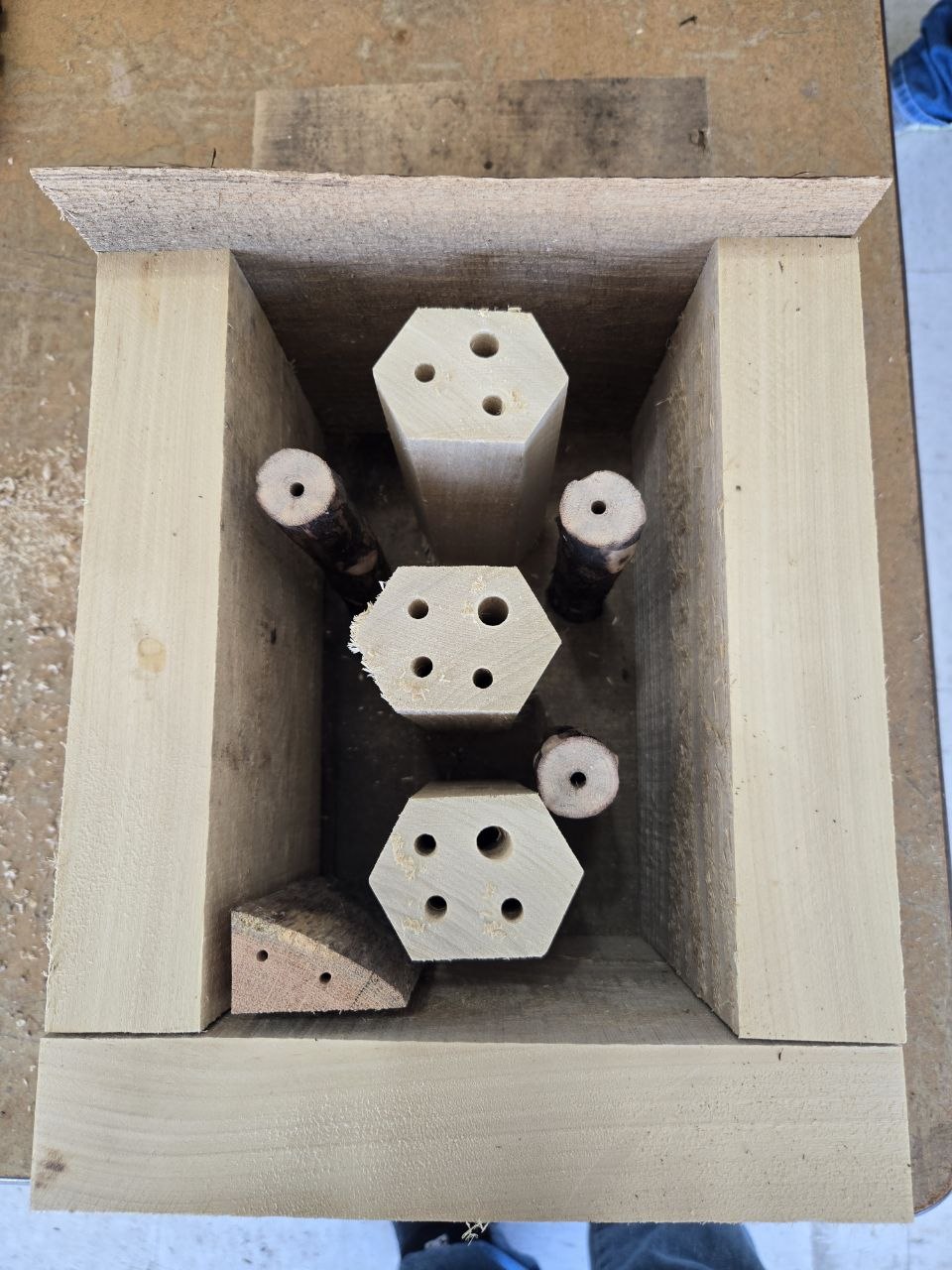 Rough layout and drilling setup for the bee hotel blocks
