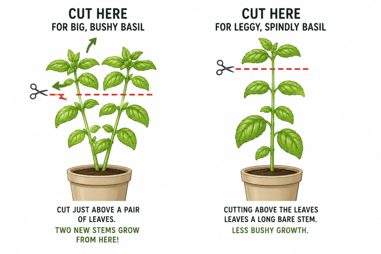 Illustration showing where to cut basil for bushy growth versus where cutting creates a leggy basil plant