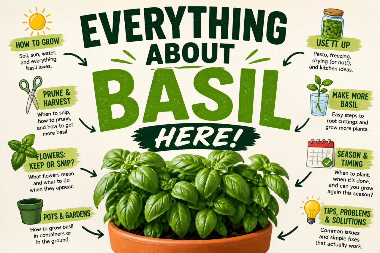 Everything about basil graphic showing how to grow it, prune and harvest it, handle flowers, use extra basil, make more from cuttings, and manage season timing