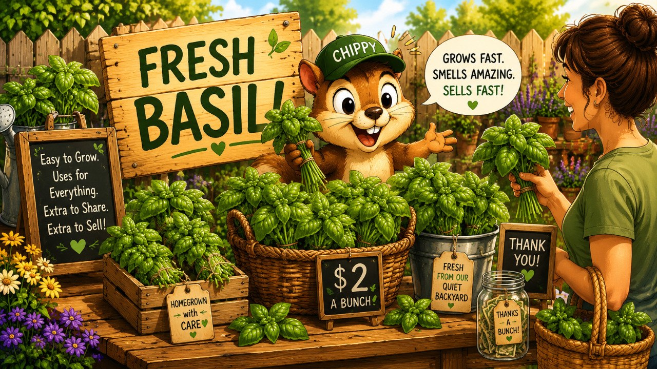 Fresh basil bundles displayed in a backyard stand with Chippy, showing that basil grows fast, smells amazing, and sells fast