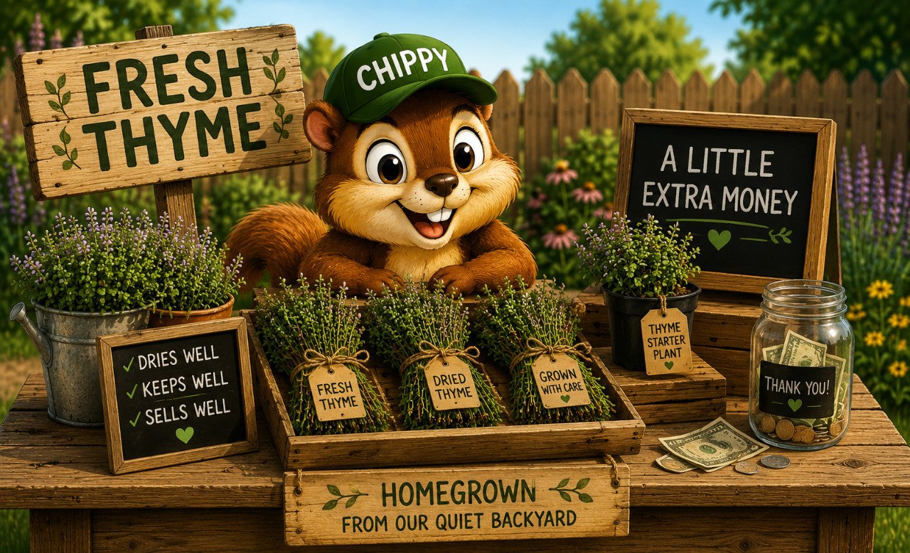 Fresh thyme bundles displayed in a backyard stand with Chippy, showing thyme dries well, keeps well, and can bring in a little extra money