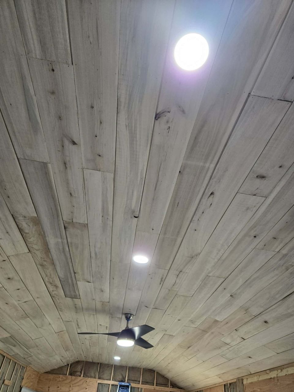 Finished cabin ceiling after the long shiplap project was finally completed