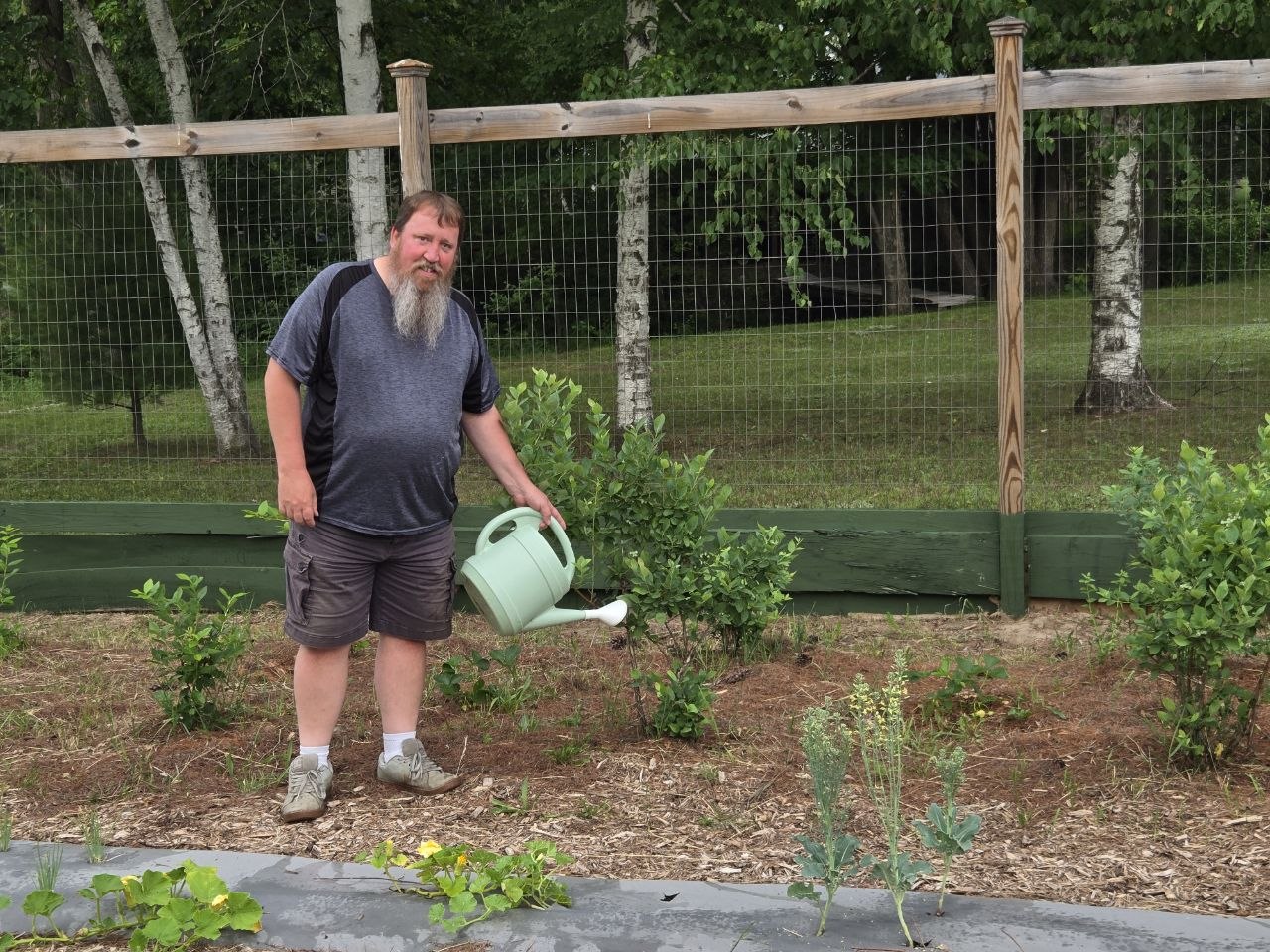 Jeff watering and working in the improved garden area during the first vegetable test row season
