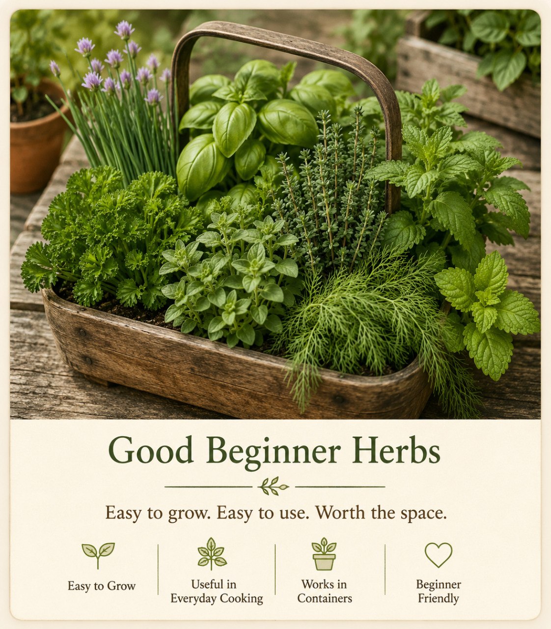 Good Beginner Herbs graphic showing a rustic basket of beginner-friendly herbs with notes that they are easy to grow, easy to use, worth the space, and beginner friendly