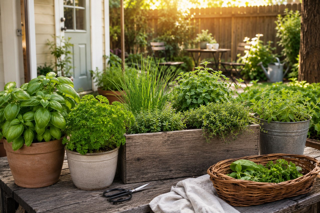 Practical backyard herb garden with basil, parsley, chives, thyme, and other useful herbs ready for everyday kitchen use