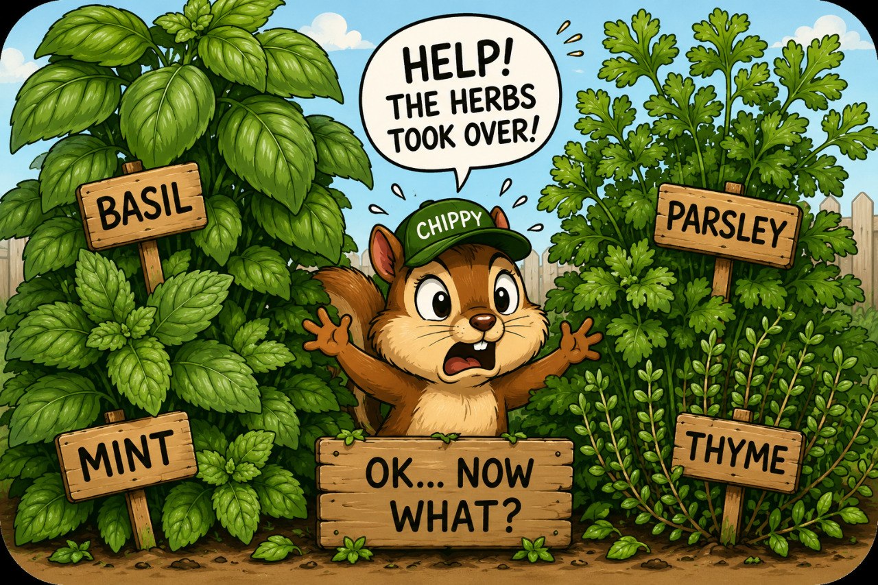Chippy surrounded by basil, mint, parsley, and thyme with signs saying the herbs took over and now what