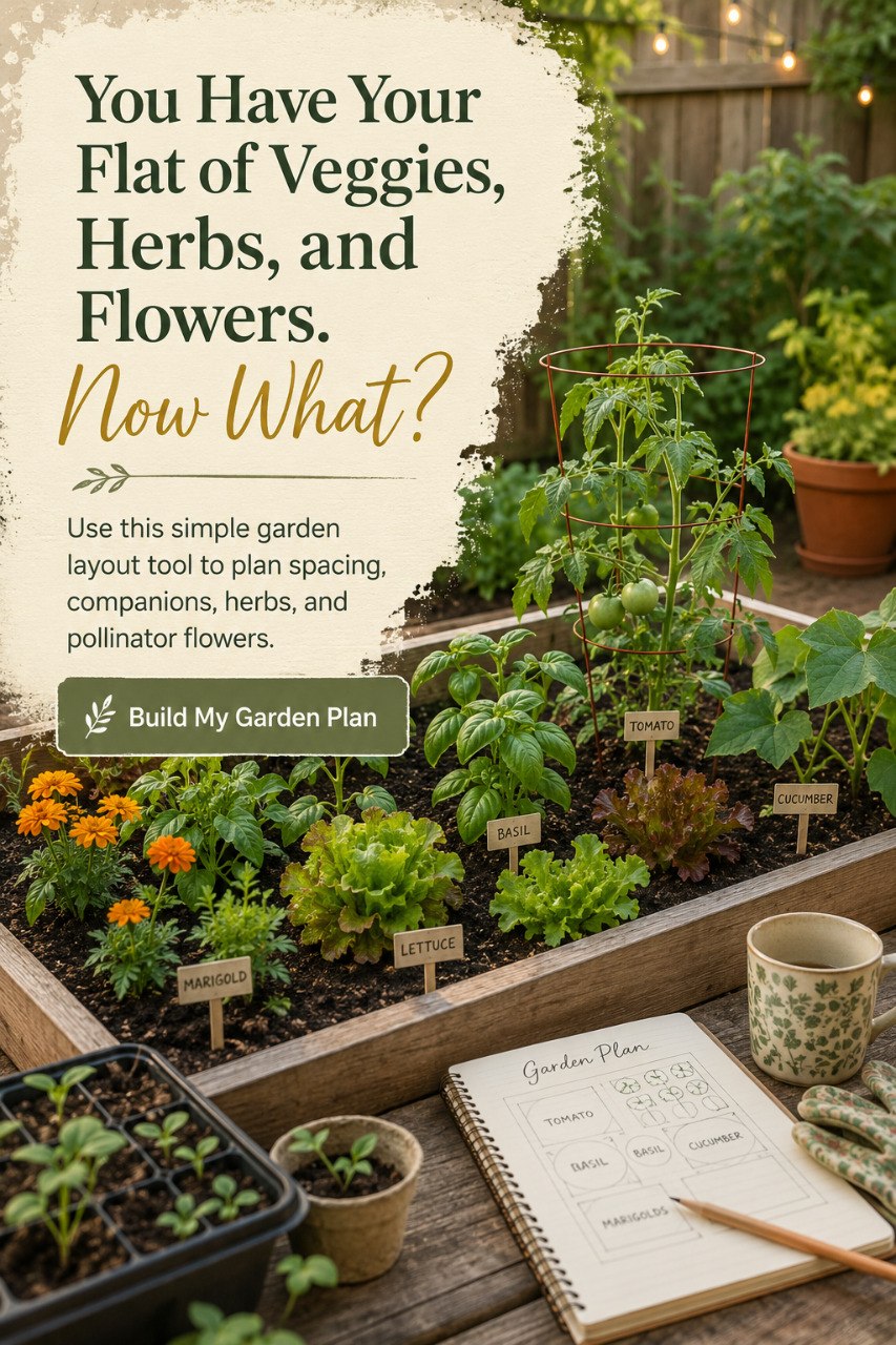Garden layout tool teaser showing veggies, herbs, flowers, and a simple raised bed plan