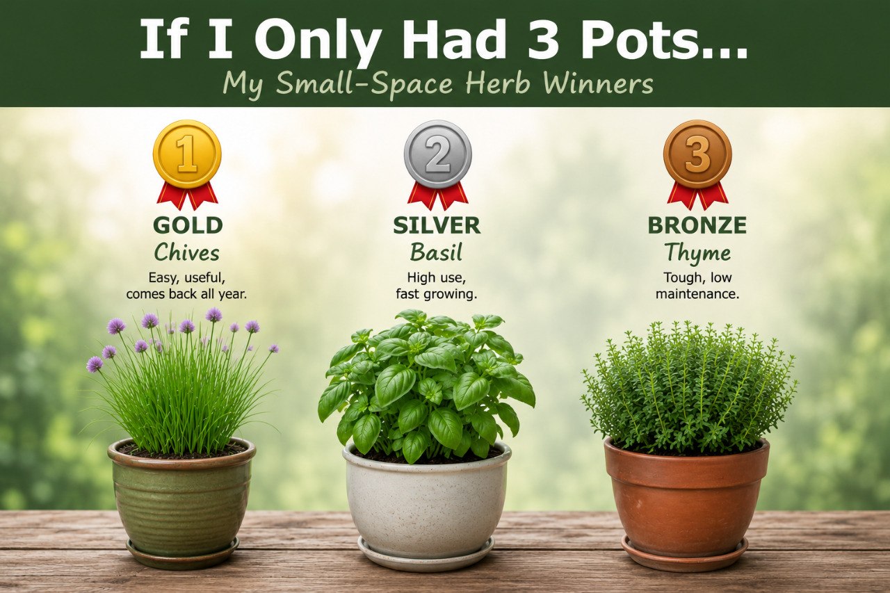 If I Only Had 3 Pots small-space herb winners graphic featuring chives, basil, and thyme