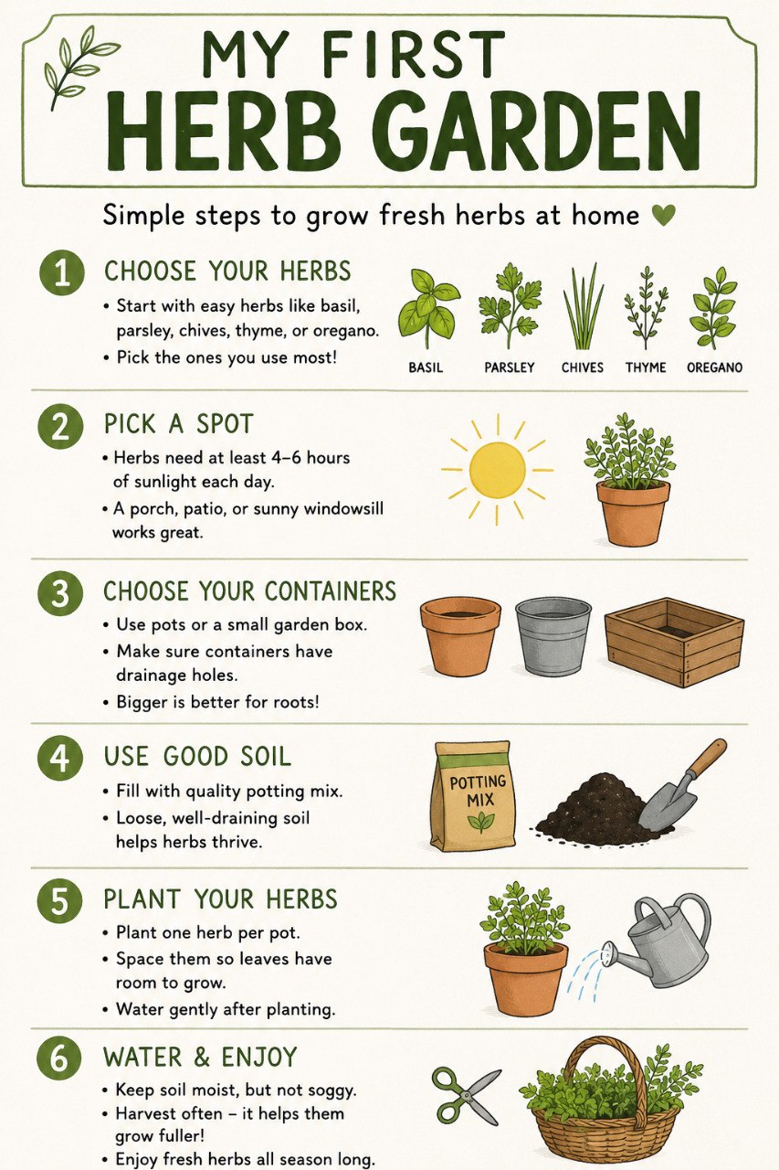 My First Herb Garden beginner infographic showing simple steps to grow basil, parsley, chives, thyme, and oregano at home