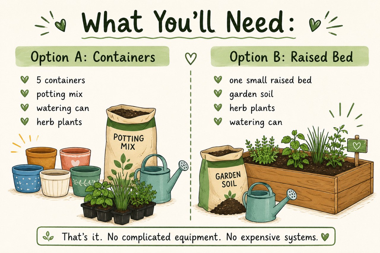 What You'll Need visual showing the simple supply list for either five herb containers or one small raised bed