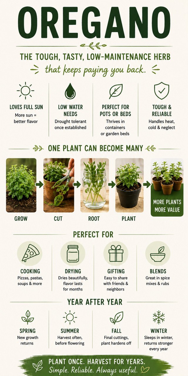 Oregano infographic showing full sun, low water needs, pots or beds, reliability, propagation, cooking, drying, gifting, and year-after-year value