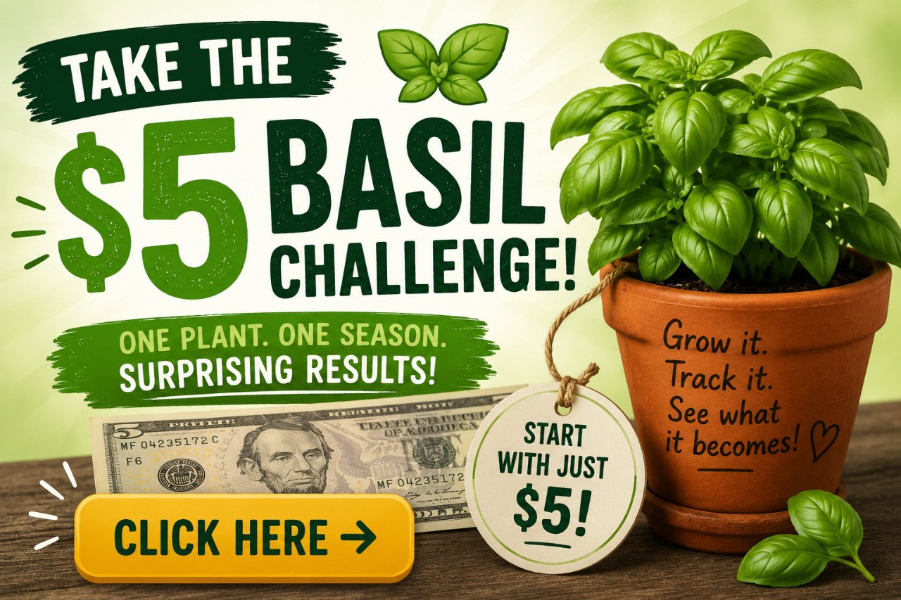 Take the $5 Basil Challenge promo graphic inviting readers to grow one basil plant for one season and track what it becomes
