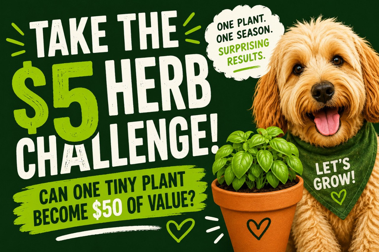 Take the $5 Herb Challenge graphic with dog and basil plant asking if one tiny plant can become $50 of value