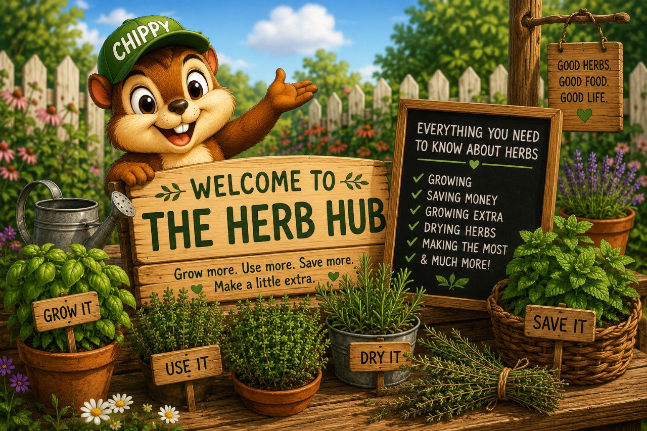 Chippy welcoming readers to the Herb Hub with herbs for growing, using, drying, and saving