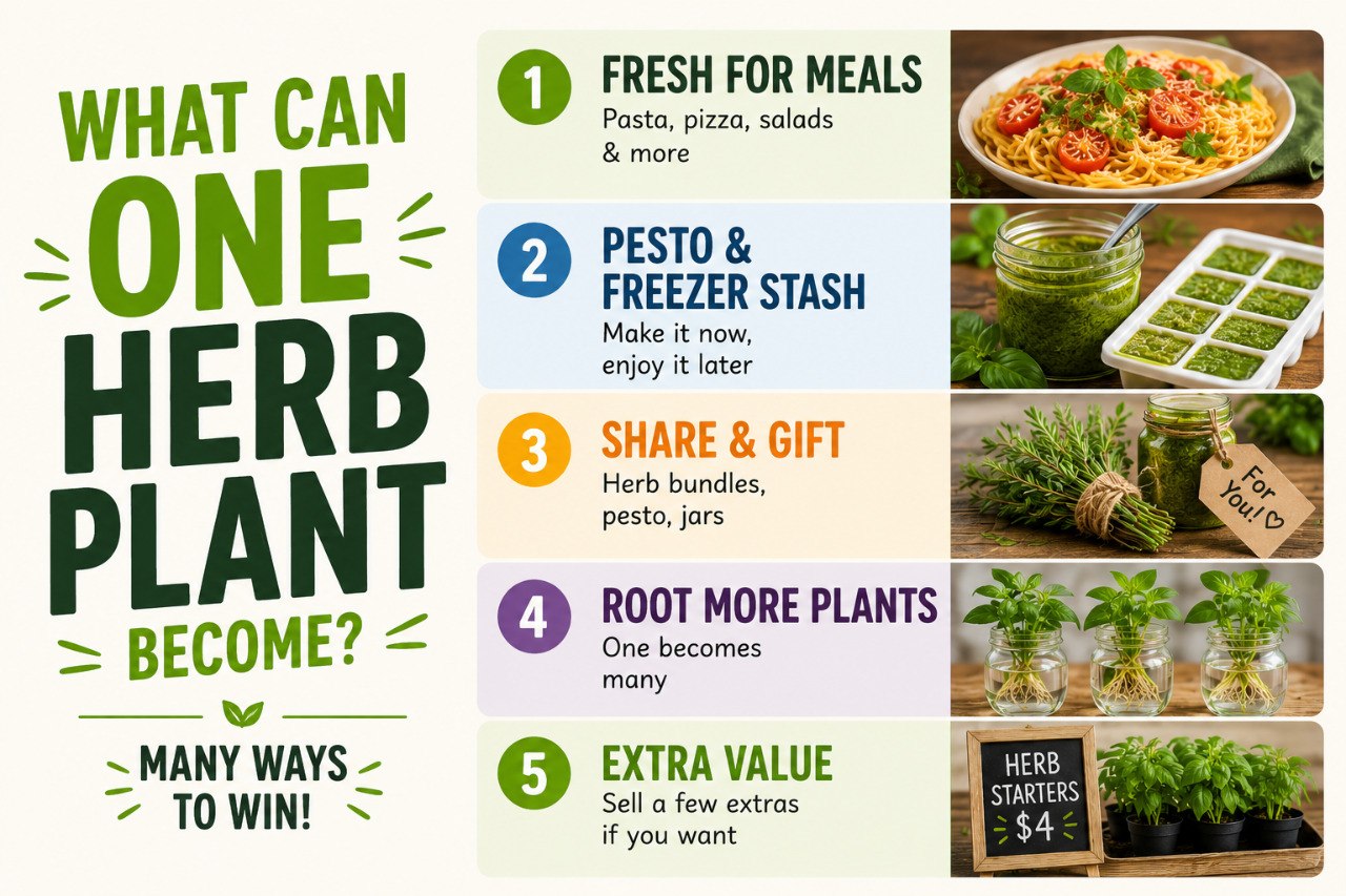 What can one herb plant become graphic showing meals, pesto, gifts, rooted cuttings, and extra value from one herb plant
